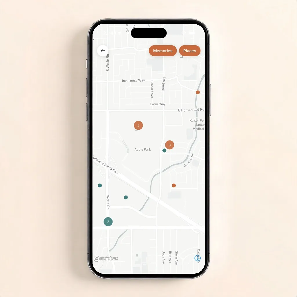 Memories Around on a phone: pins dropped on a warm-toned map